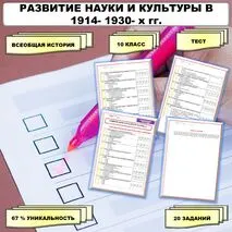 Тест по теме «Развитие науки и культуры в 1914- 1930-х гг». // Учебник. Авт. Мединский В.Р., Чубарьян А.О. Соответствует ФРП СОО. История. Базовый уровень. 10 класс.