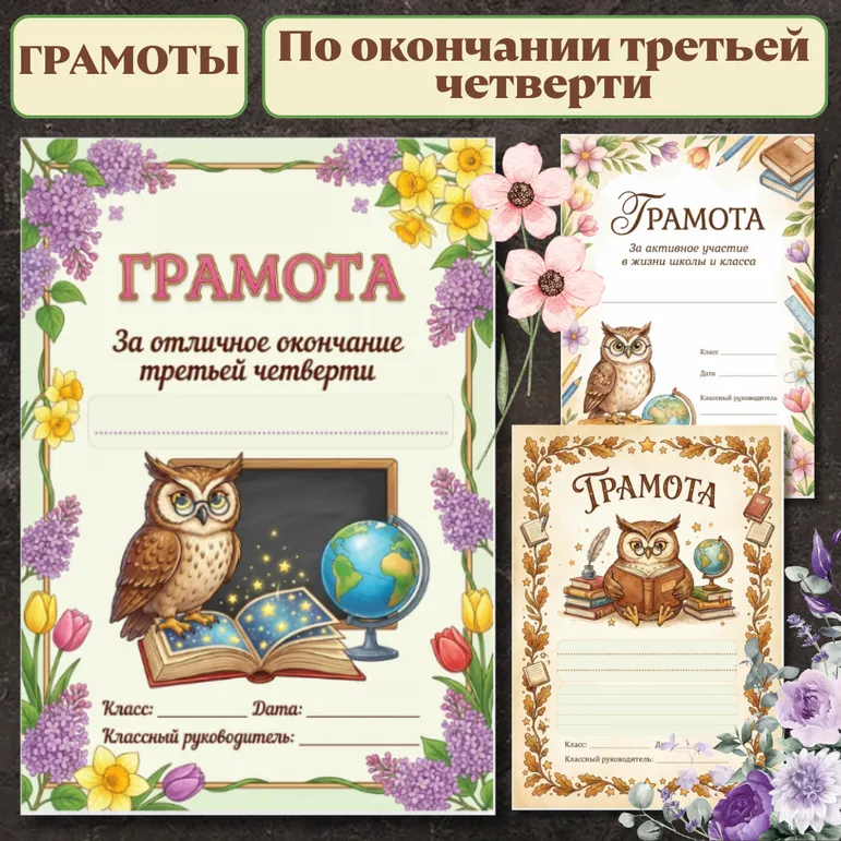 Комплект грамот «Школьные грамоты с совой к окончанию третьей четверти»