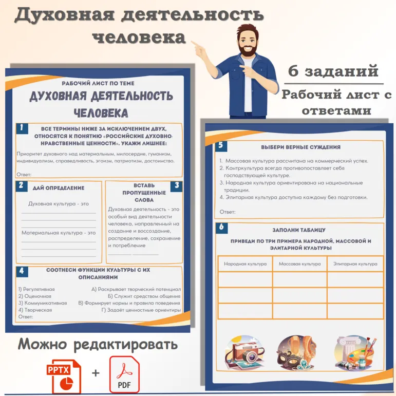 Рабочий лист по обществознанию «ЕГЭ 1.10. Духовная деятельность человека. Духовные ценности российского общества. Материальная и духовная культура. Формы культуры. Народная, массовая и элитарная культура. Контркультура. Функции культуры. Диалог культур»