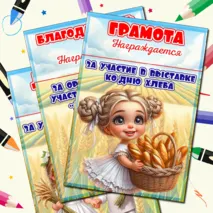 Шаблоны дипломов для детей и родителей за участие в выставке ко дню хлеба.