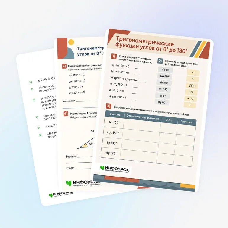 Рабочий лист «Тригонометрические функции углов от 0° до 180°»