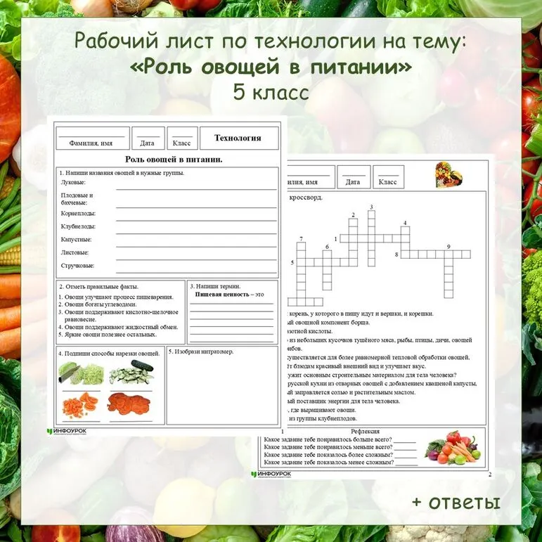 Рабочий лист по технологии «Роль овощей в питании» (5 класс)