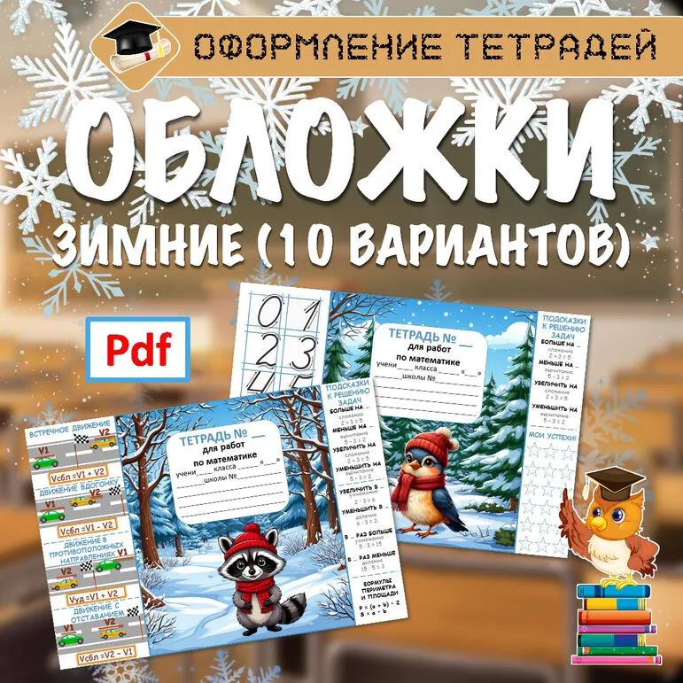 Зимние обложки для тетрадей по математике с памятками (1,2,3,4 класс)