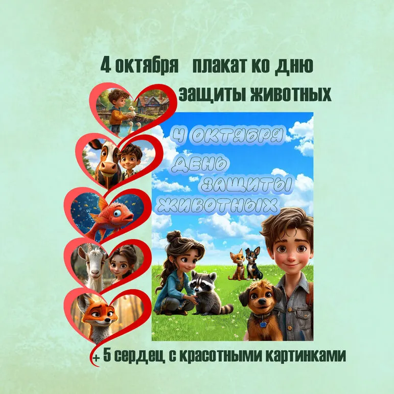 4 октября - День защиты животных. Оформление группы: плакат, 5 сердец с яркими картинками.
