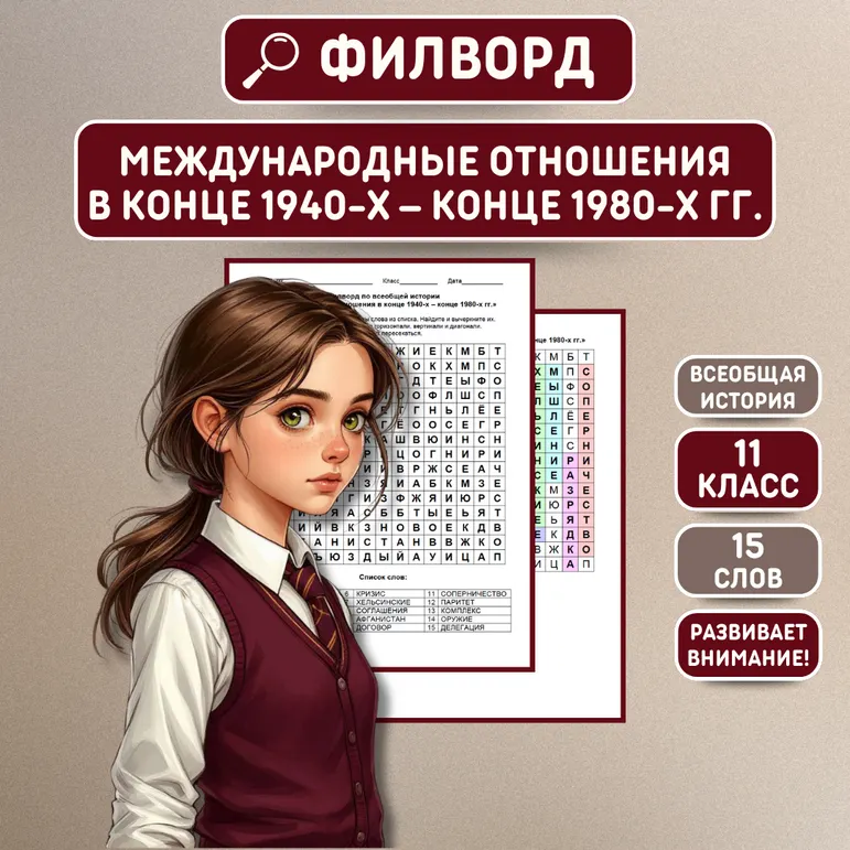 Филворд по всеобщей истории «Международные отношения в конце 1940-х – конце 1980-х гг.» 11 класс