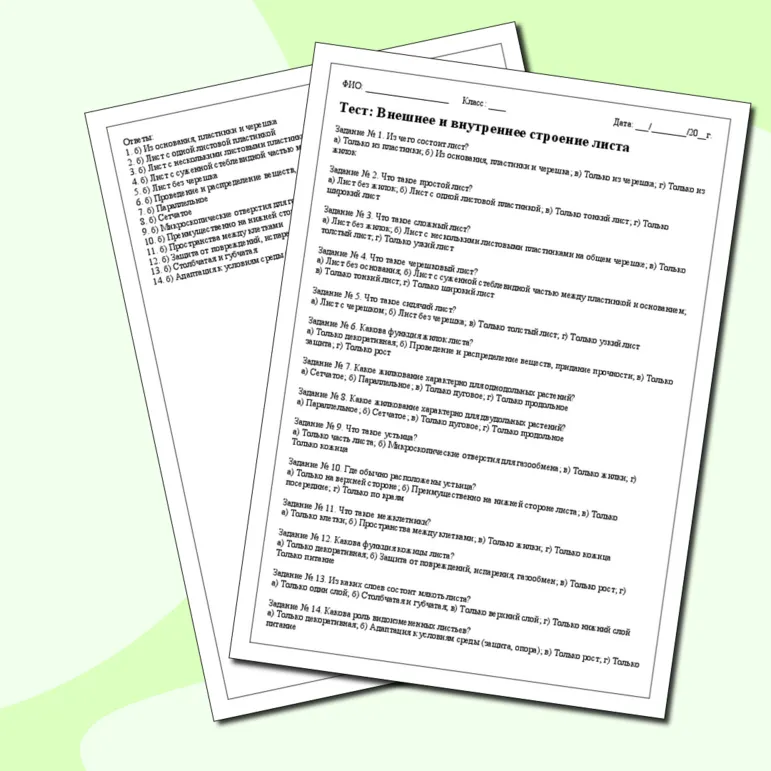 Тестирование по Биологии: Внешнее и внутреннее строение листа (6-й класс)