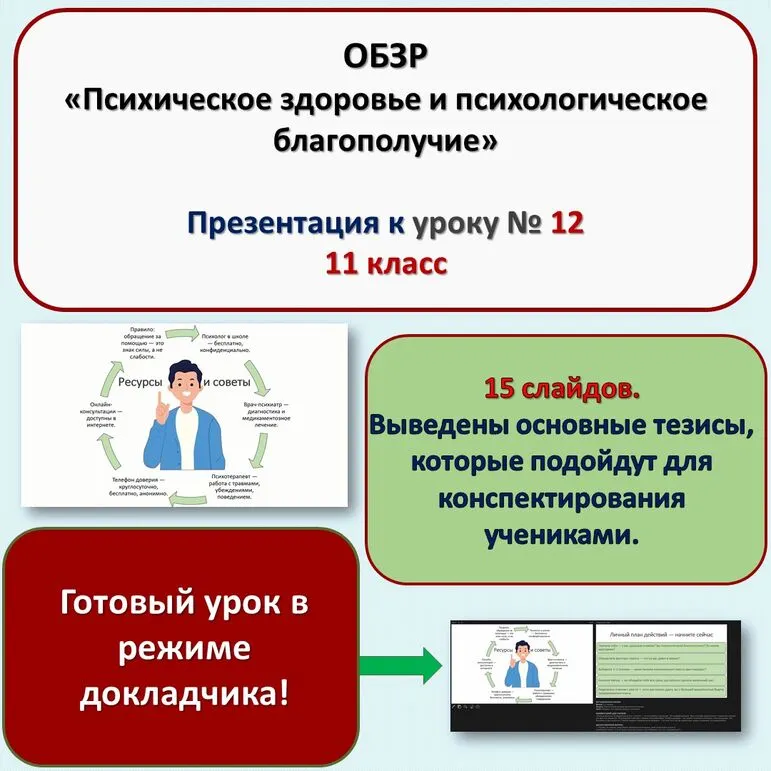 Презентация по ОБЗР «Психическое здоровье и психологическое благополучие» (11 класс, урок № 12)