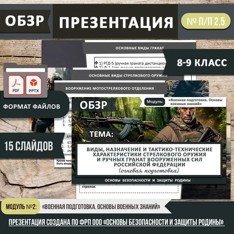 Презентация «Виды, назначение и тактико-технические характеристики стрелкового оружия и ручных гранат Вооруженных Сил Российской Федерации (огневая подготовка)». ОБЗР 8-9 класс