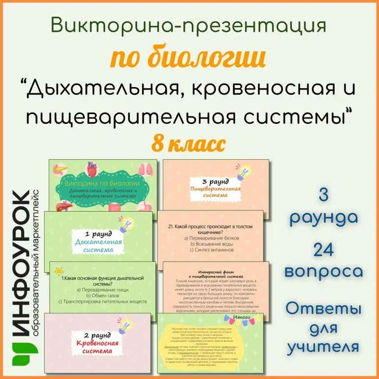 Викторина-презентация по биологии «Дыхательная, кровеносная и пищеварительная системы», 8 класс